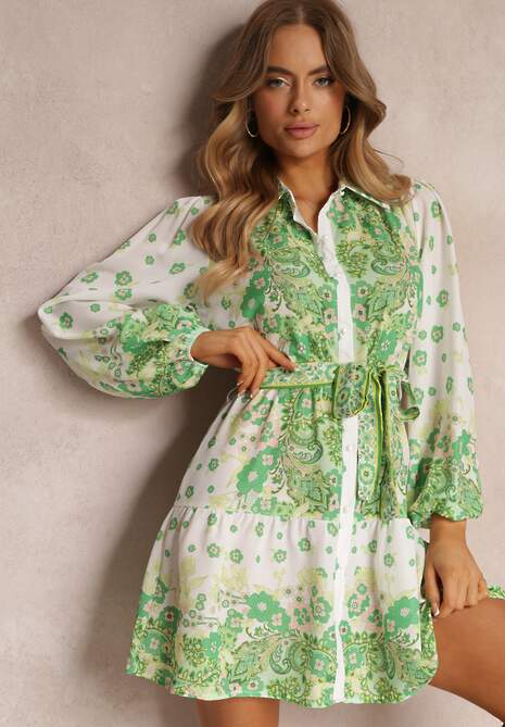 Jasnozielona Wiązana Sukienka z Kołnierzykiem i Gumką w Pasie Santanna