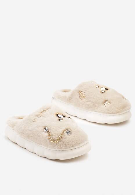 Beżowe Kapcie na Płaskiej Podeszwie z Futerkiem Ozdobione Łańcuszkiem i Cyrkoniami Reanivia