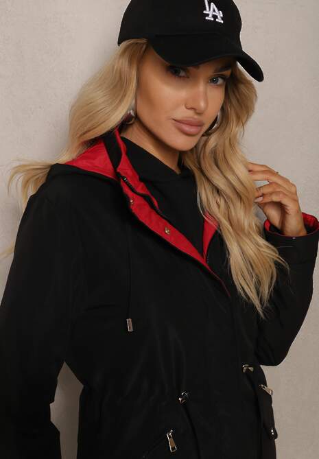 Czarno-Czerwona Kurtka Parka Dwustronna z Regulowanymi Rękawami i Odpinanym Kapturem Deneria