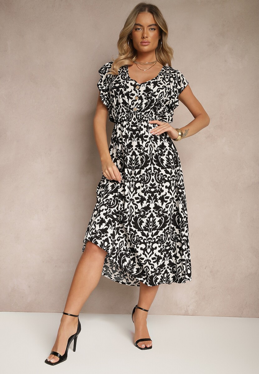 Czarna Sukienka z Bawełny Rozkloszowana z Falbanami w Roślinny Wzór Zalimara