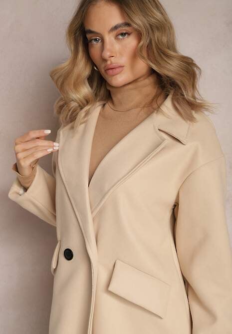 Jasnobeżowy Płaszcz Dwurzędowy Długi Tadde