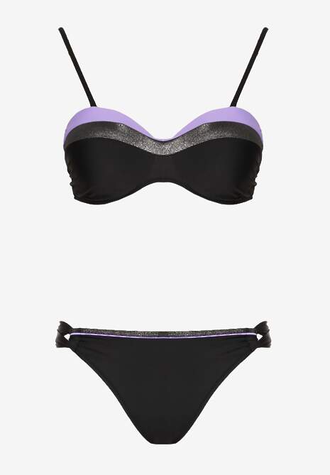 Fioletowo-Czarne Bikini z Metaliczną Nicią Usztywniany Biustonosz i Figi Mitelle