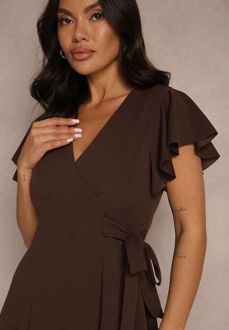 Brązowa Kopertowa Sukienka z Rozkloszowanym Dołem i Ozdobnym Wiązaniem Dannola