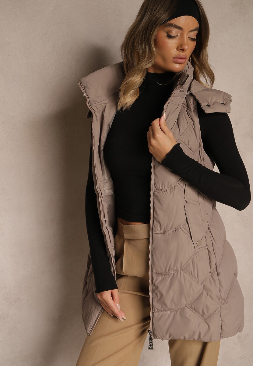 Ciemnobeżowa Pikowana Kamizelka z Odpinanym Kapturem Tulanea