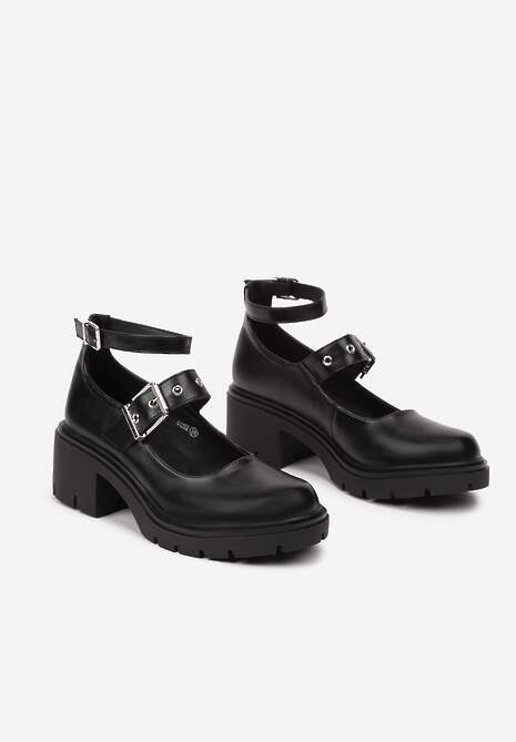 Czarne Półbuty na Słupku Ozdobione Sprzączkami i Paskami Emmita