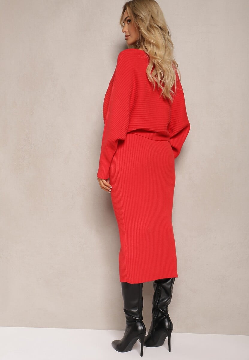 Czerwony Komplet z Wiskozą w Prążki Spódnica z Gumką w Pasie i Góra o Kroju Nietoperza Korttisa