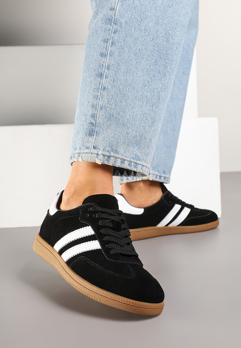 Czarne Sneakersy Tenisówki Skórzane z Paskami Alinira