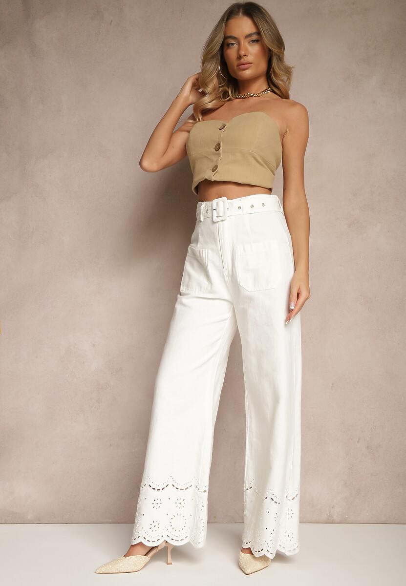 Białe Szerokie Spodnie z Bawełny High Waist z Ozdobnym Paskiem Nerraza