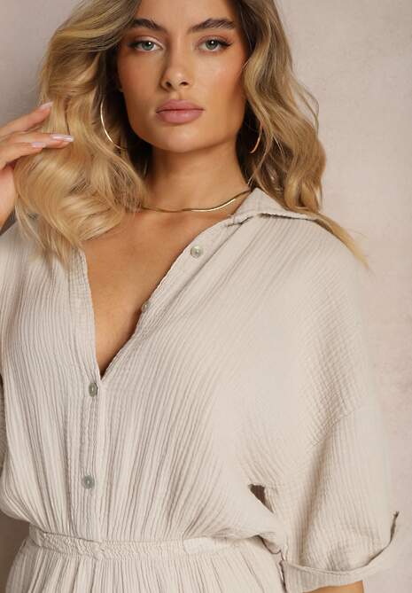 Beżowy Taliowany Kombinezon z Bawełny Góra w Formie Koszuli oraz Luźne Spodnie Namsorin