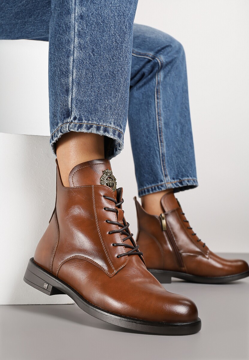 Brązowe Botki z Ekoskóry ze Sznurowaniem i Zdobieniem na Języku Diranda