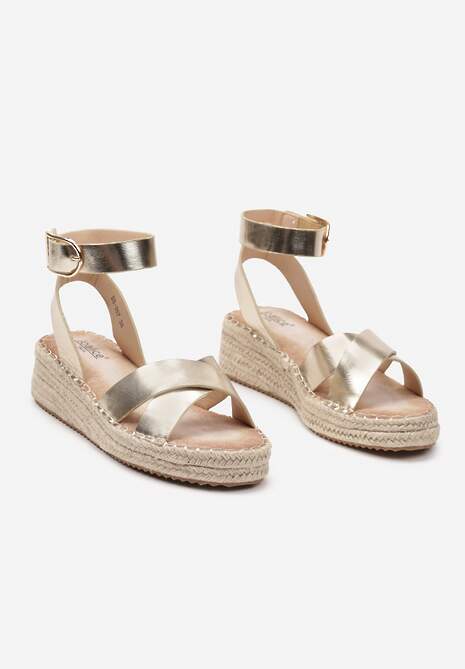 Złote Sandały na Platformie z Plecionki Zapinane na Sprzączkę Edoni
