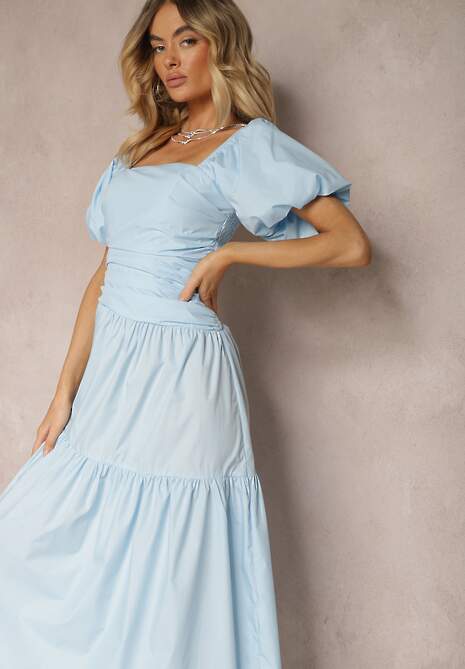 Niebieska Sukienka z Marszczeniem i Wiskozą Ozdobiona Bufiastymi Rękawami i Falbanką Monvia