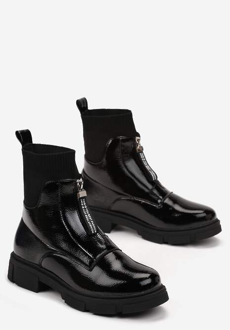 Czarne Lakierowane Botki z Dzianinowym Ściągaczem i Suwakiem z Przodu Ilonea