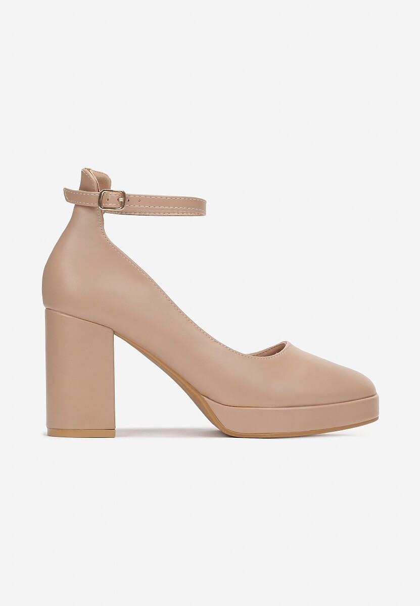 Ciemnobeżowe Jenolite Czółenka Zapinane wokół Kostki na Sprzączkę z Wysokim Słupkiem Rayisa