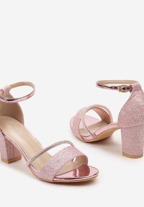 Różowe Sandały na Słupku Ozdobione Cyrkoniami i Brokatem Zapinane na Sprzączkę Wejkis