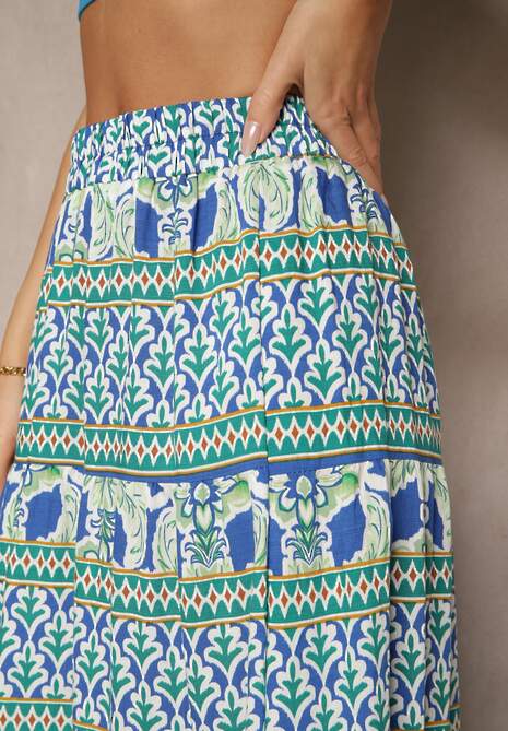 Niebieska Spódnica z Wiskozą o Rozkloszowanym Kroju w Etniczny Print Kolindriela
