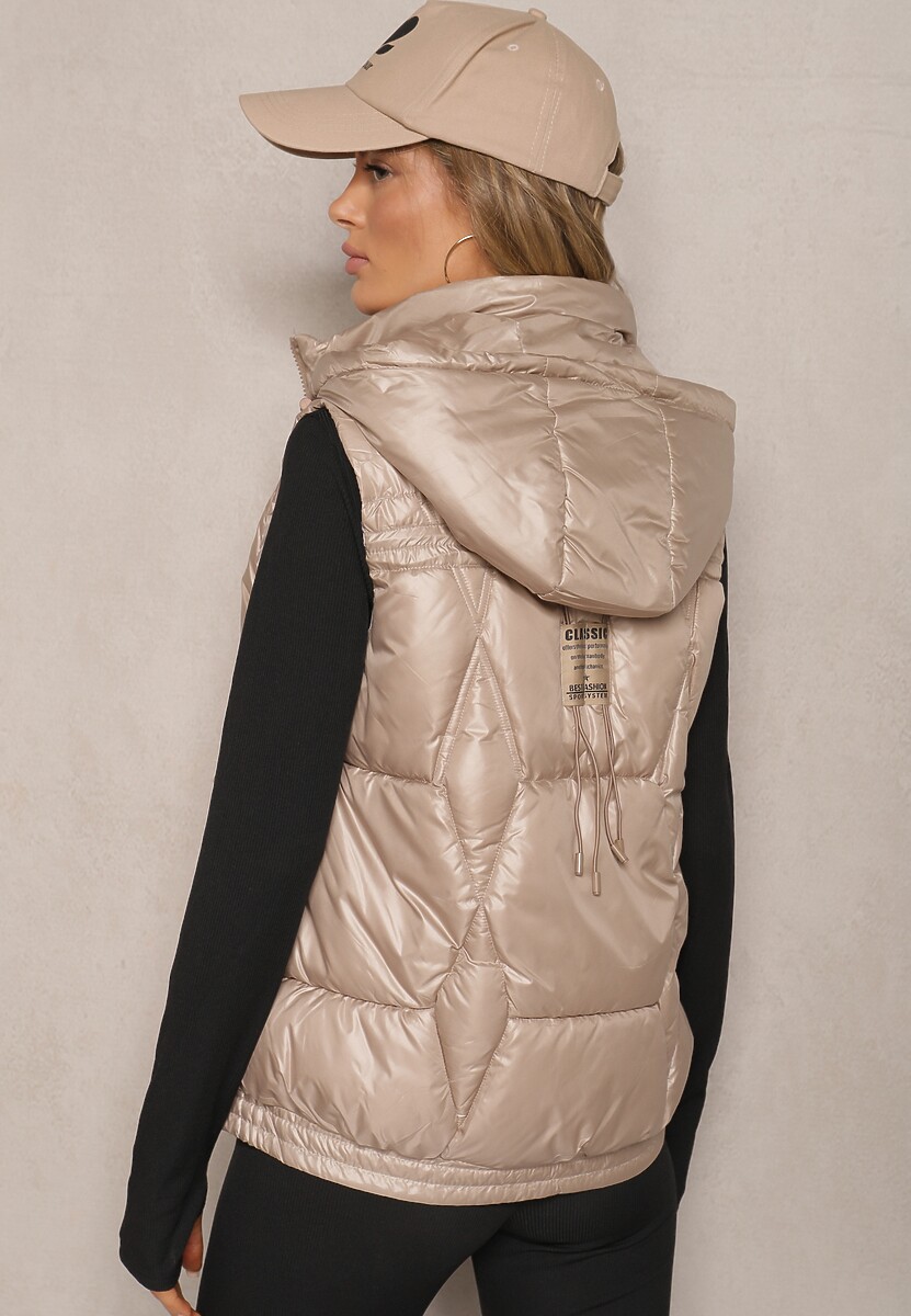 Beżowa Pikowana Kamizelka z Troczkami i Odpinanym Kapturem Arrelarra
