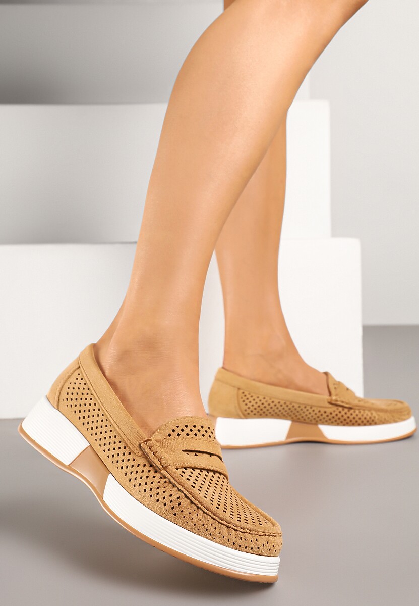 Brązowe Metaliczne Mokasyny z Wkładką ze Skóry Naturalnej i Ażurową Cholewką Lunenia