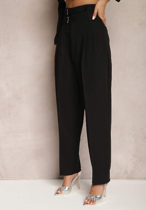 Czarne Spodnie Garniturowe High Waist z Dwoma Paskami Ismera