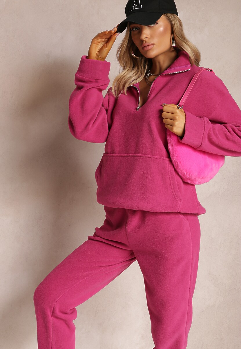 Fuksjowy Komplet Dresowy z Polaru Bluza z Krótkim Suwakiem i Spodnie Joggery Hypamena