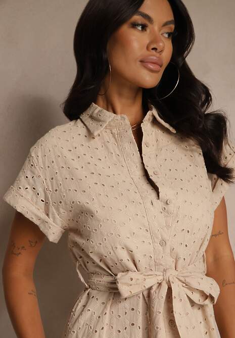 Beżowa Koszulowa Sukienka z Ażurowej Bawełny Wiązana w Talii Lulilena