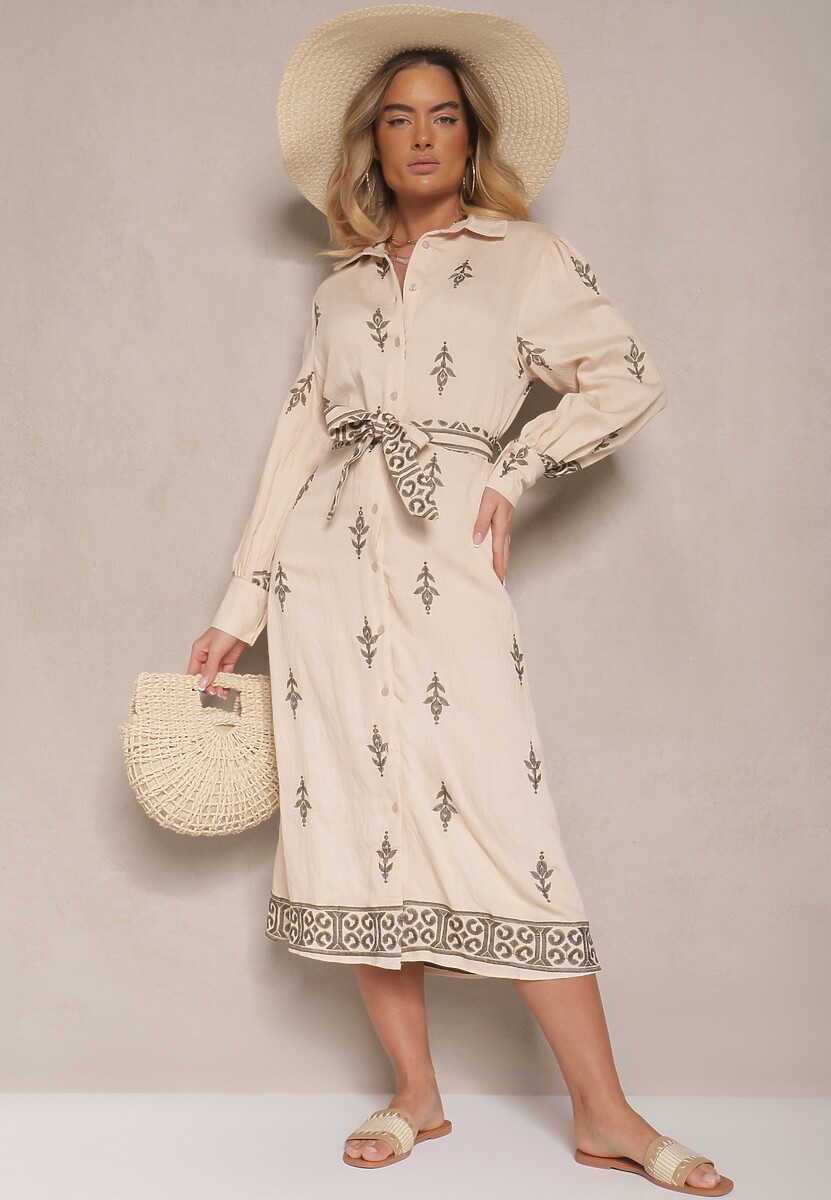 Beżowa Koszulowa Sukienka w Stylu Szmizjerki z Wiskozy Wiązana w Talii Telaniwena