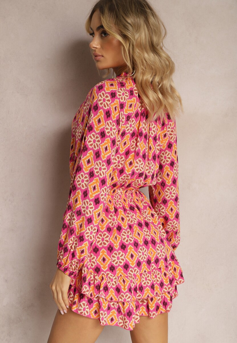 Fuksjowo-Pomarańczowy Kombinezon o Krótkim Fasonie z Gumką w Talii w Mozaikowy Print z Wiskozy Glimmeria