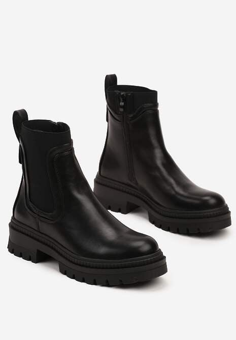 Czarne Płaskie Botki w Stylu Sztybletów z Ozdobnymi Przeszyciami Narirae
