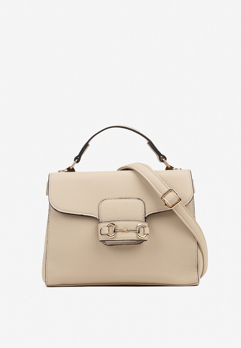 Beżowa  Torebka Typu Listonoszka z Rączką i Klapą z Aplikacją Alatiela