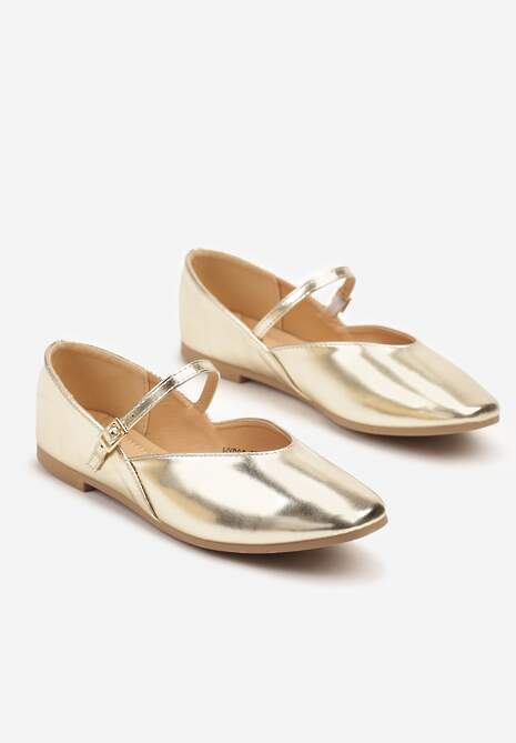 Złote Balerinki Vices z Paseczkiem ze Sprzączką i Ozdobnym Przeszyciem Desorila