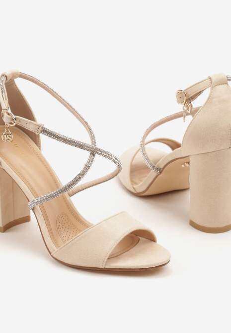 Beżowe Sandały Vices na Słupku Ozdobione Paskami z Cyrkonii Rovettia