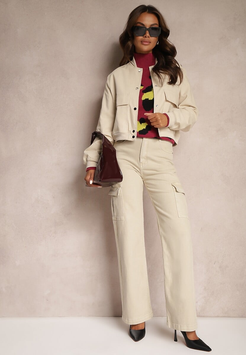 Ciemnobeżowe Jeansy Cargo High Waist z Kieszeniami Anora