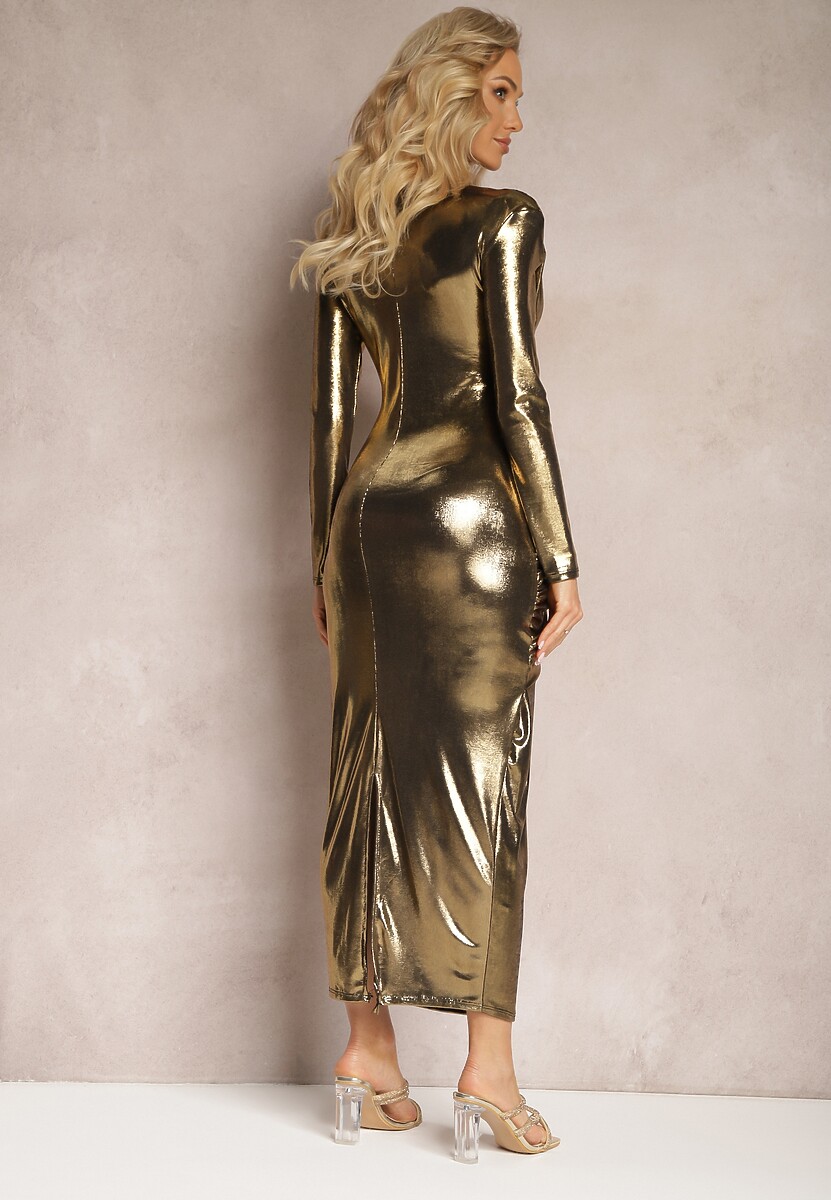 Złota Sukienka Maxi z Metalicznej Nici z Drapowaniem i Rozcięciem Mistara