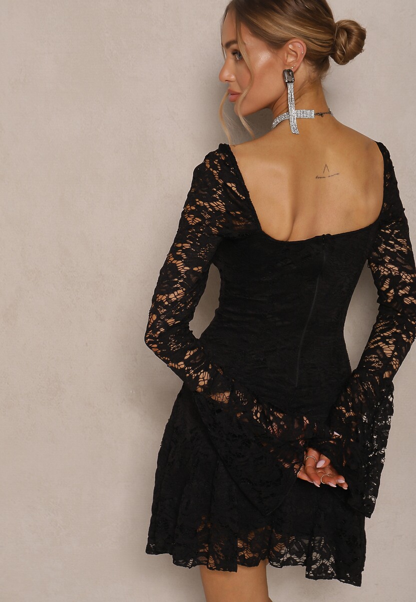 Czarna Gorsetowa Rozkloszowana Sukienka Koktajlowa z Koronką Leanirwen