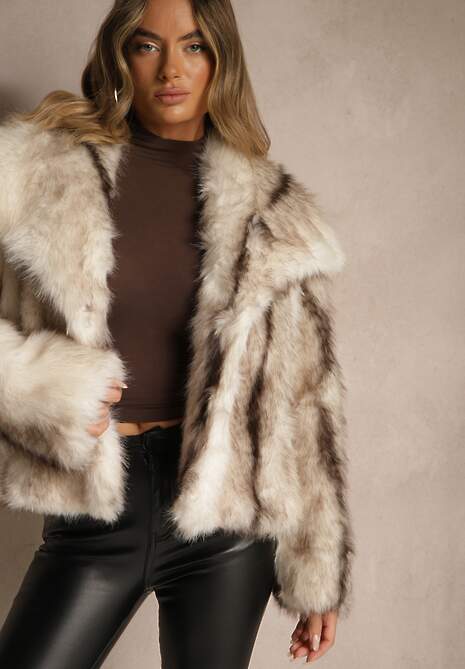 Beżowo-Biała Futrzana Kurtka z Efektowym Kołnierzem Tulesea