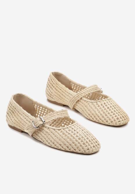 Beżowe Ażurowe Balerinki w Stylu Mary Jane z Plecioną Cholewką Deraelle