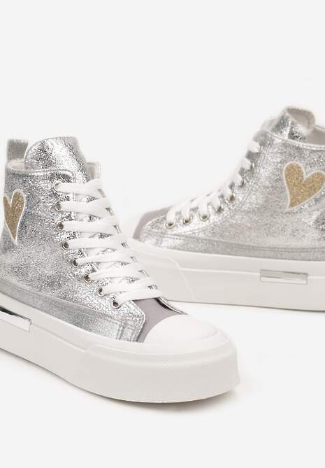 Srebrne Brokatowe Trampki na Platformie z Cholewką za Kostkę Nevirosa