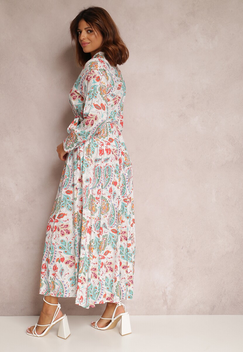 Biała Wiskozowa Sukienka Koszulowa w Roślinny Wzór Phellane