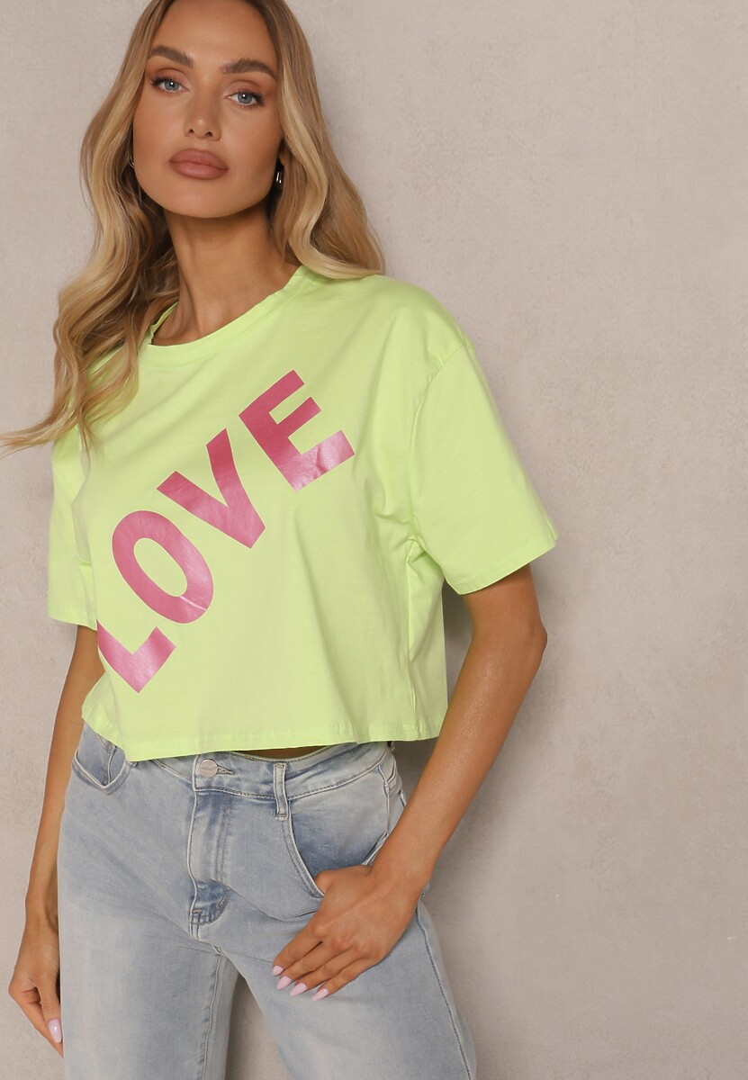 Różowy Krótki T-shirt Oversize z Bawełny z Ozdobnym Napisem Sanillva