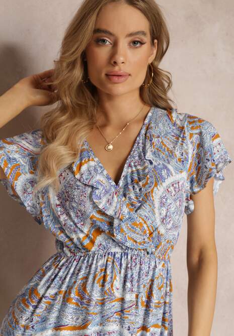 Niebieska Wiskozowa Sukienka z Gumką w Pasie i Kopertowym Dekoltem  Asima