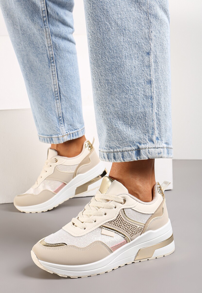 Beżowe Sneakersy z Brokatem Cyrkoniami i Metalicznymi Wstawkami Zephramis