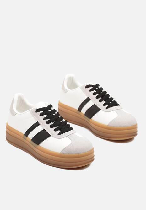 Biało-Czarne Sneakersy na Płaskiej Podeszwie z Ozdobnymi Paskami Velali