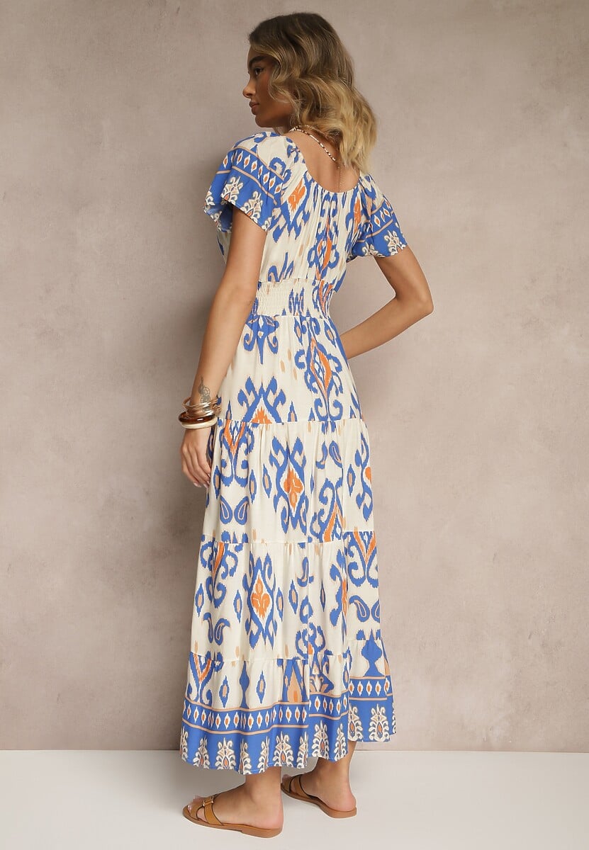 Niebieska Sukienka z Wiskozy Ozdobiona Geometrycznym Motywem Clevessa