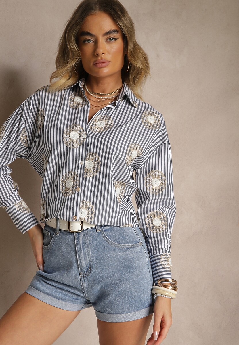 Jasnoniebieska Prążkowana Koszula z Bawełny z Ozdobnym Metalicznym Haftem Redisara