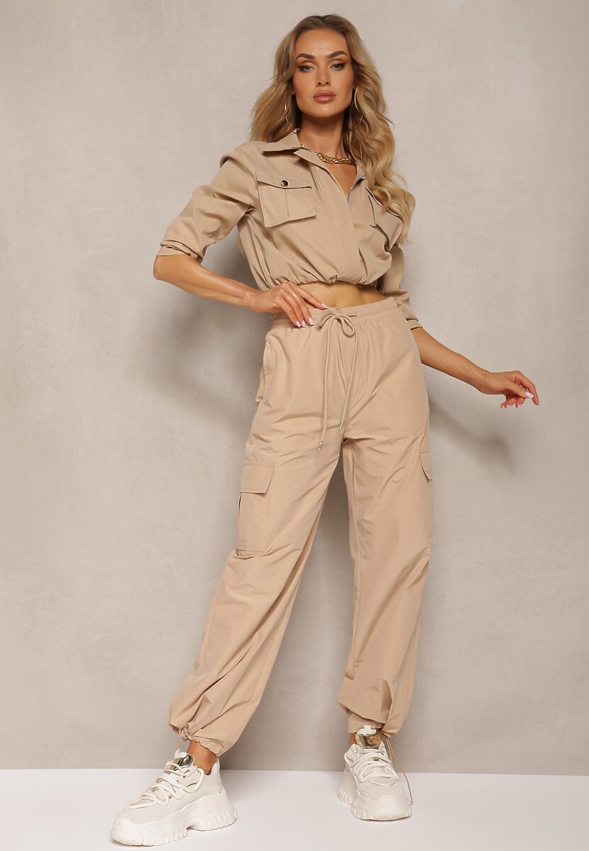 Beżowe Bojówki Spodnie z Gumką w Pasie z Szerokimi Nogawkami ze Ściągaczami Nellava