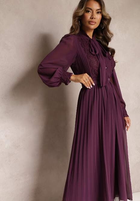 Ciemnofioletowa Plisowana Sukienka Maxi z Koronką i Paskiem Venila