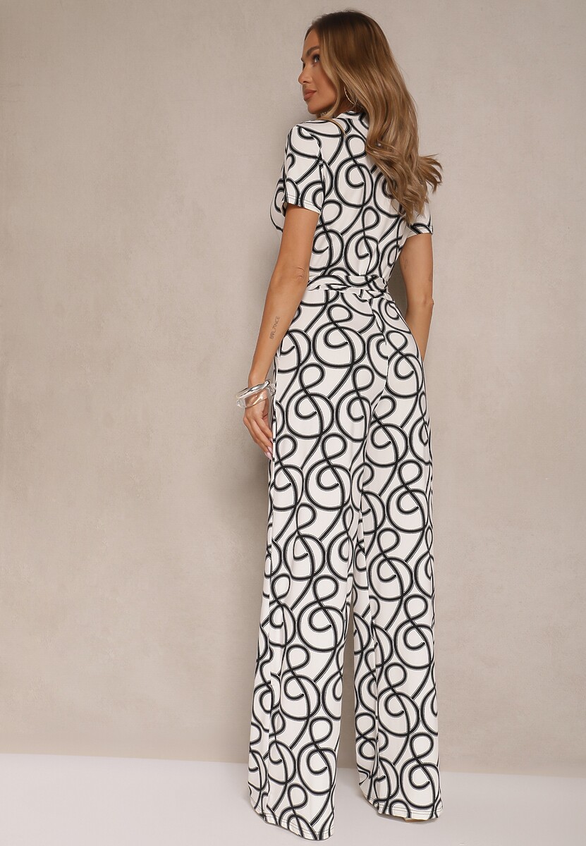 Czarno-Biały Kopertowy Kombinezon z Wiskozą Zdobiony Abstrakcyjnym Printem Evivola
