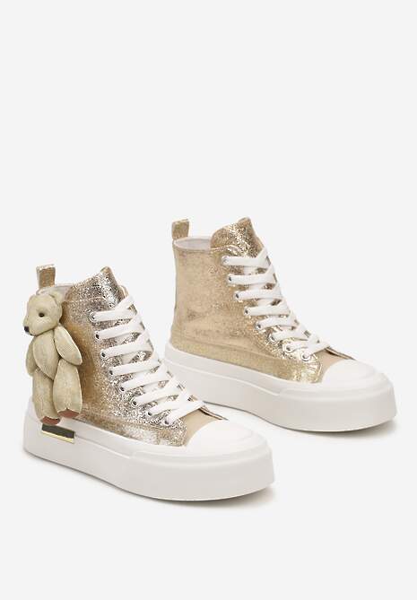 Złote Metaliczne Trampki za Kostkę na Grubej Podeszwie z Aplikacją w Kształcie Misia Ivarina