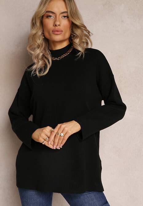 Czarny Golf o Luźnym Fasonie ze Ściągaczami i Długim Rękawem Velenia