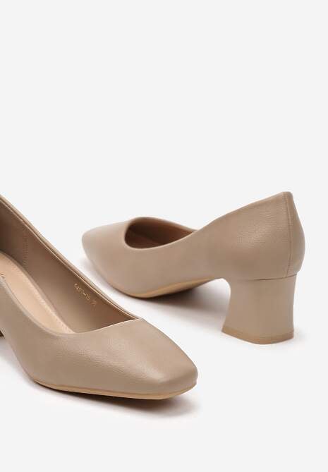 Ciemnobeżowe Casualowe Czółenka na Słupku z Kwadratowym Noskiem Brannessa